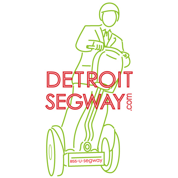 Outline of Segway rider with words Detroit Segway in front of it